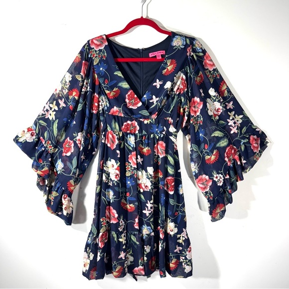 Betsey Johnson Blue Floral Mini Dress Bell Sleeves Dark Cottagecore - Picture 2 of 12